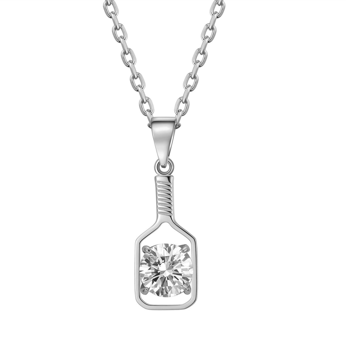 Pickleball FINE Diamond Solitaire Silver Paddle Necklace