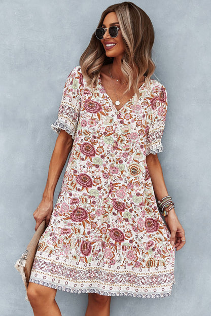 Floral V-Neck Flounce Sleeve Dress