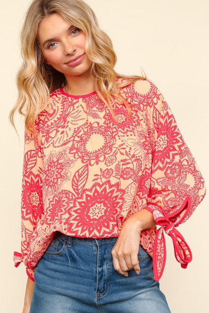 Ribbon Bow Detail Floral Round Neck Blouse