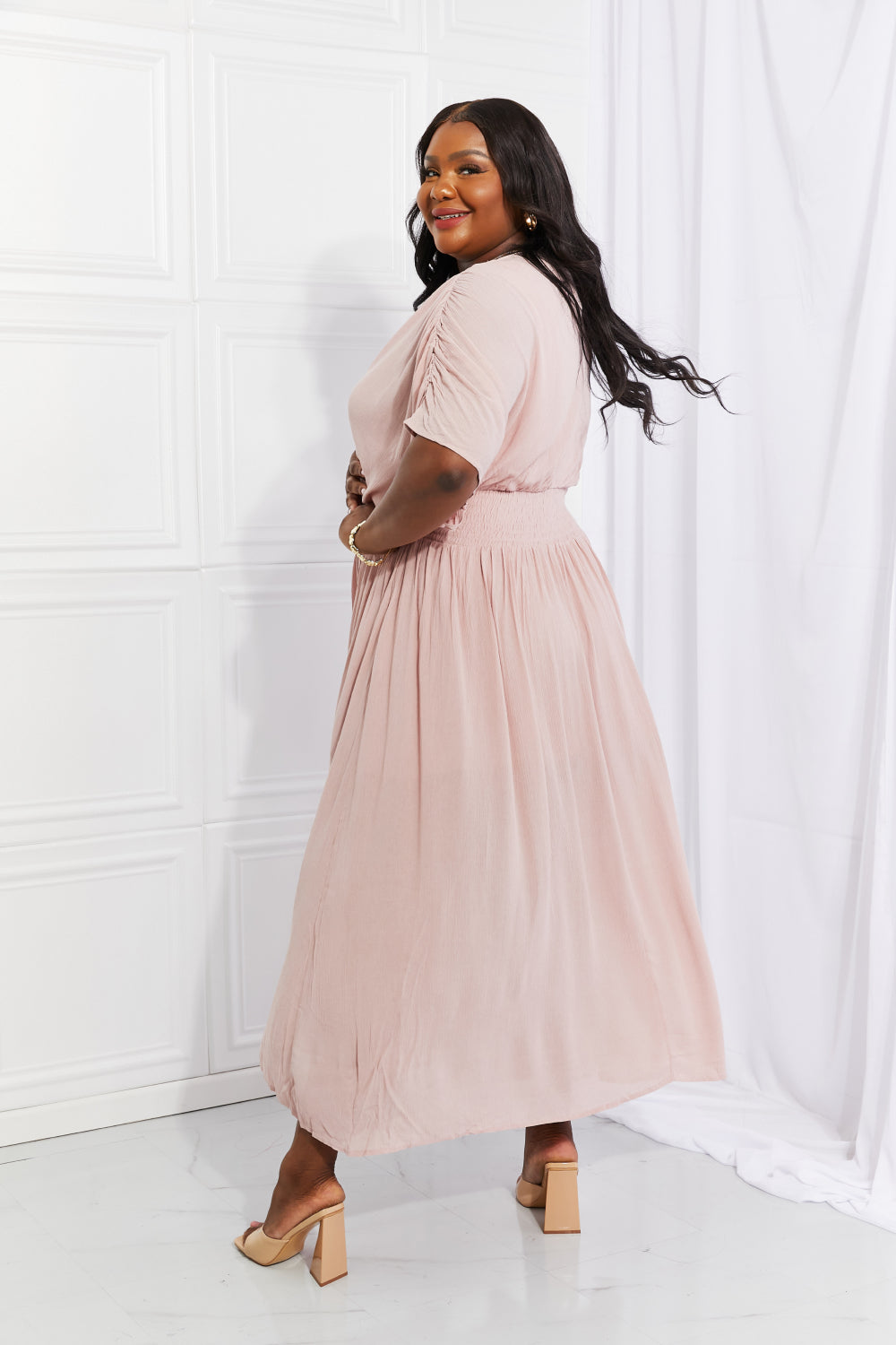 HEYSON Full Size Napa Valley Gauze Surplice Midi Dress in Dusty Pink