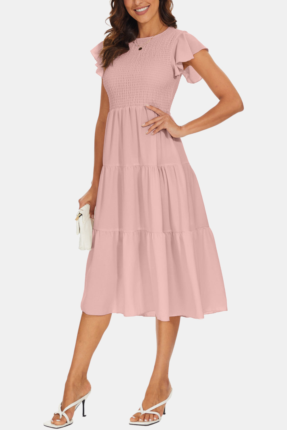 Round Neck Smocked Flutter Sleeve Tiered Dress