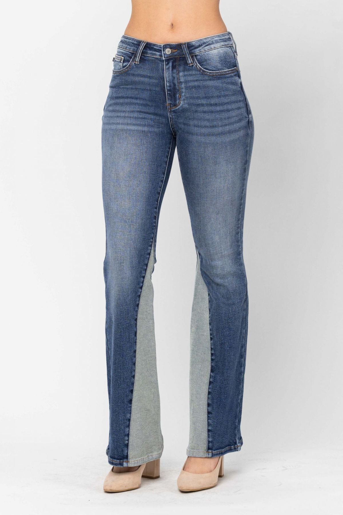 Judy Blue Mid-Rise Two Tone Panel Flare Jeans