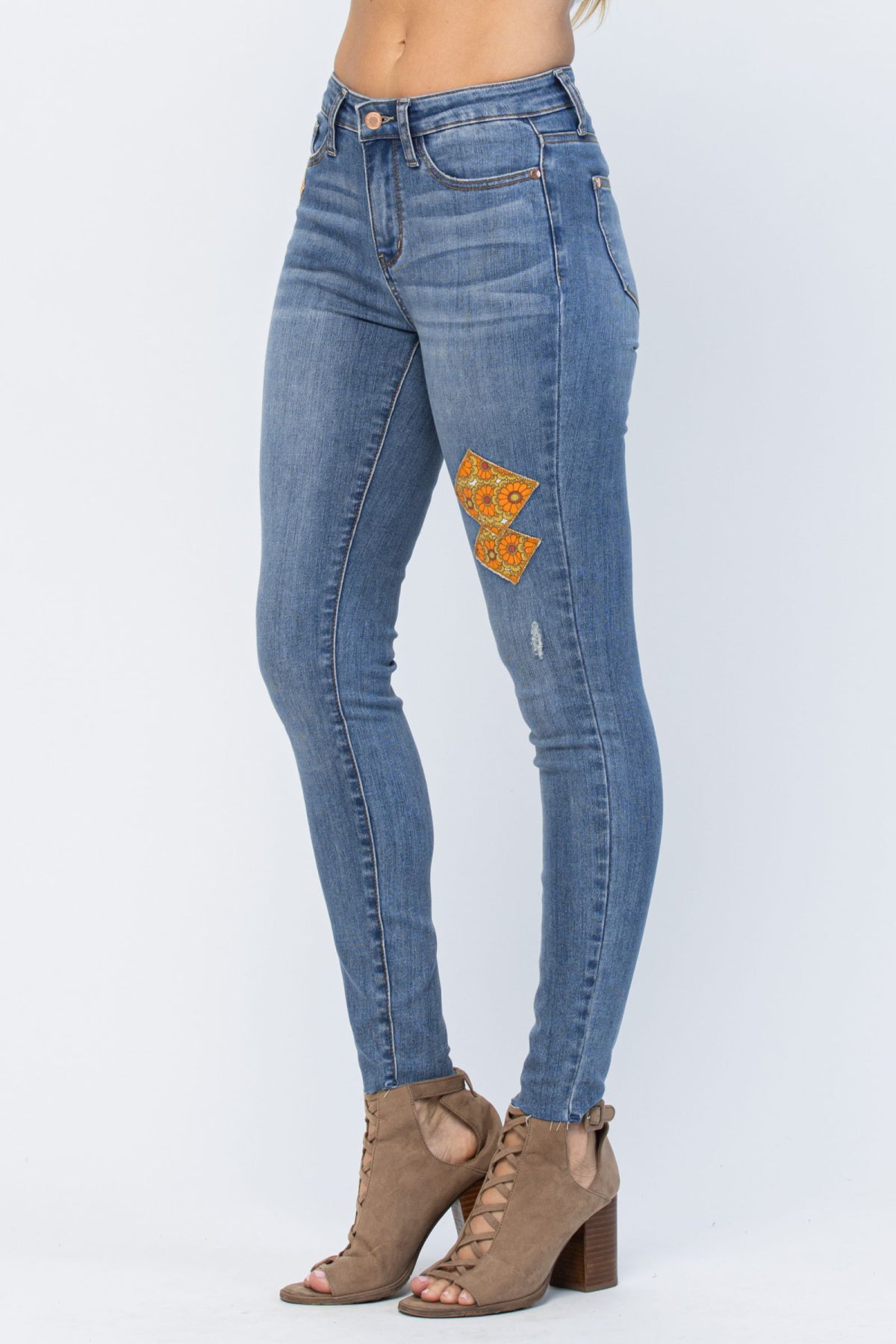 Judy Blue Full Size Mid-Rise Orange Floral Patch Skinny Jeans