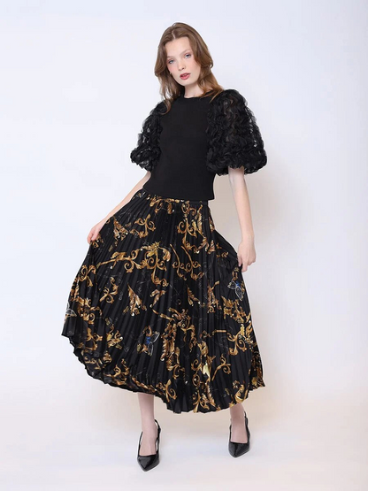 Floral Print Satin Pleated Skirt