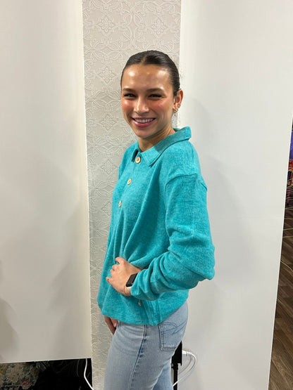 Teal Brushed Melange Hacci Collared Sweater