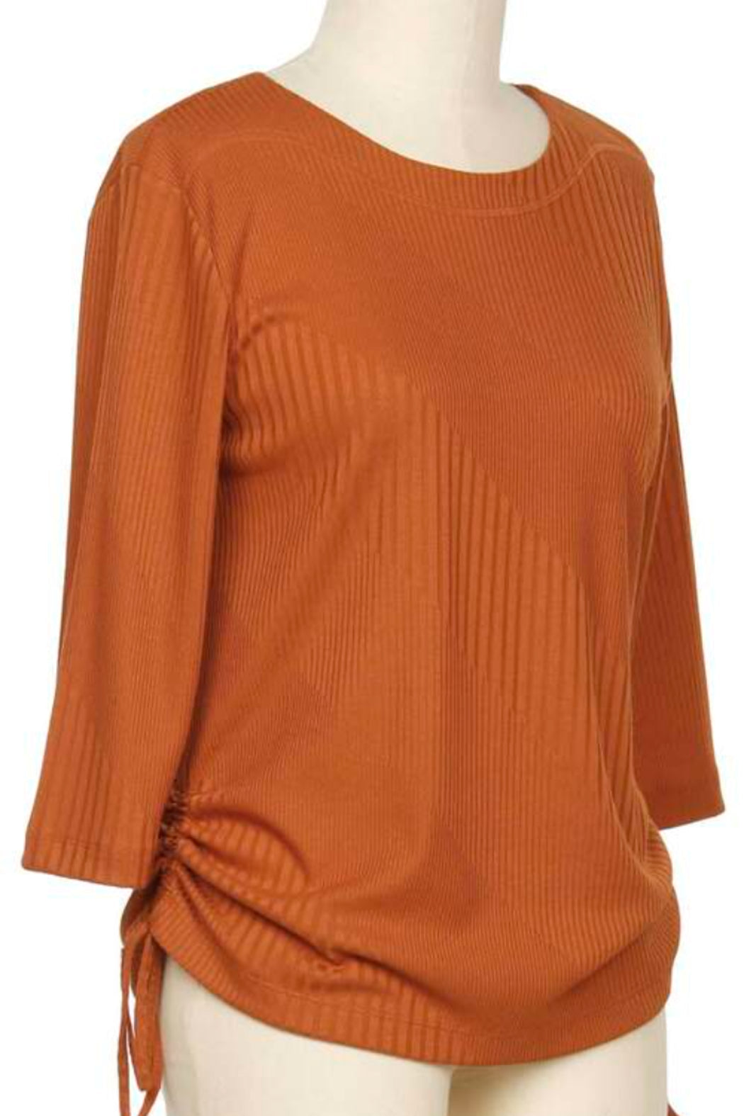 3/4 sleeve round neck top with tie ruching details at the side.