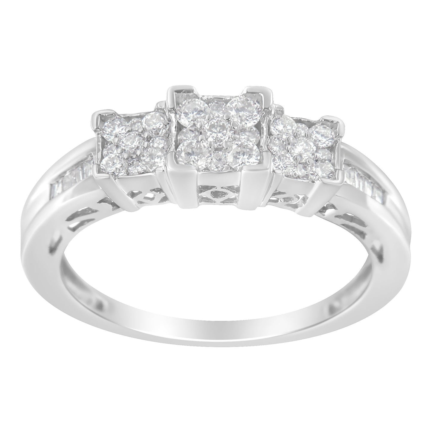 10K White Gold 1/2 Cttw Brilliant & Baguette Cut Diamond 3 Stone Design With 3 Square Clusters Engagement Ring (H-I Color, Si2-I1 Clarity) - Size 7