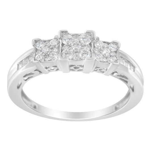 10K White Gold 1/2 Cttw Brilliant & Baguette Cut Diamond 3 Stone Design With 3 Square Clusters Engagement Ring (H-I Color, Si2-I1 Clarity) - Size 7