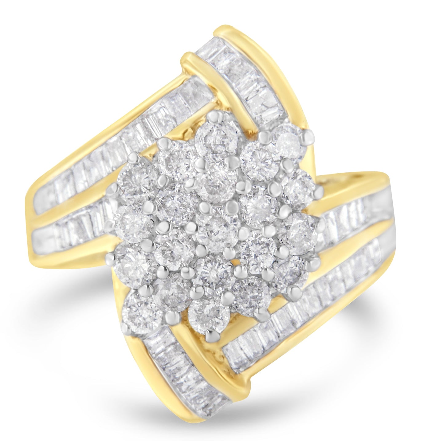 10K Yellow Gold Round And Baguette Diamond Crossover Cluster Ring (3 Cttw, I-J Color, I1-I2 Clarity) - Size 7-1/2