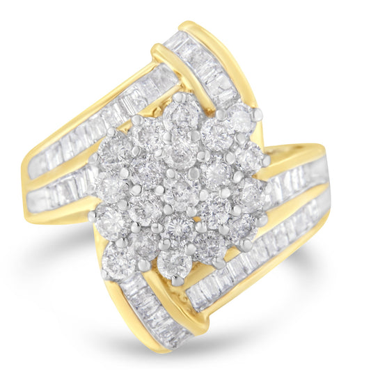 10K Yellow Gold Round And Baguette Diamond Crossover Cluster Ring (3 Cttw, I-J Color, I1-I2 Clarity) - Size 7-1/2
