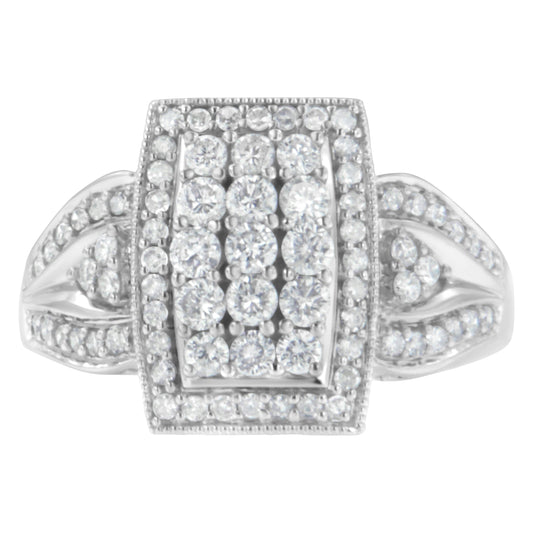 10K White Gold 1.0 Cttw Diamond Rectangular Cushion Shaped Cluster Halo Flared Band Cocktail Fashion Ring (H-I Color, Si2-I1 Clarity) - Size 8