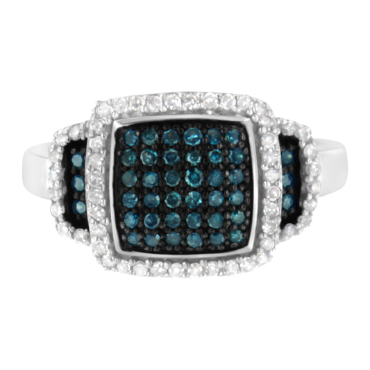Black Rhodium Plated .925 Sterling Silver 1/2 Cttw White & Blue Diamond Square Halo Cocktail Ring (Fancy Blue & H-I Color, I2-I3 Clarity) - Size 7-1/2