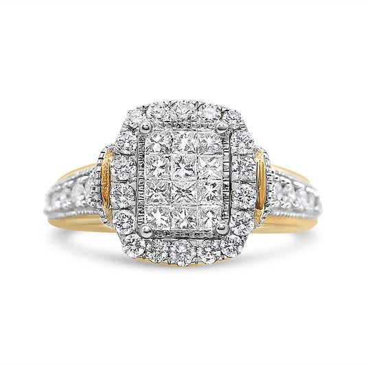 14K Yellow And White Gold 1.00 Cttw Princess And Round Cut Emerald Shaped Halo Diamond Cluster Ring (Si1-Si2 Clarity, H-I Color) - Size 7