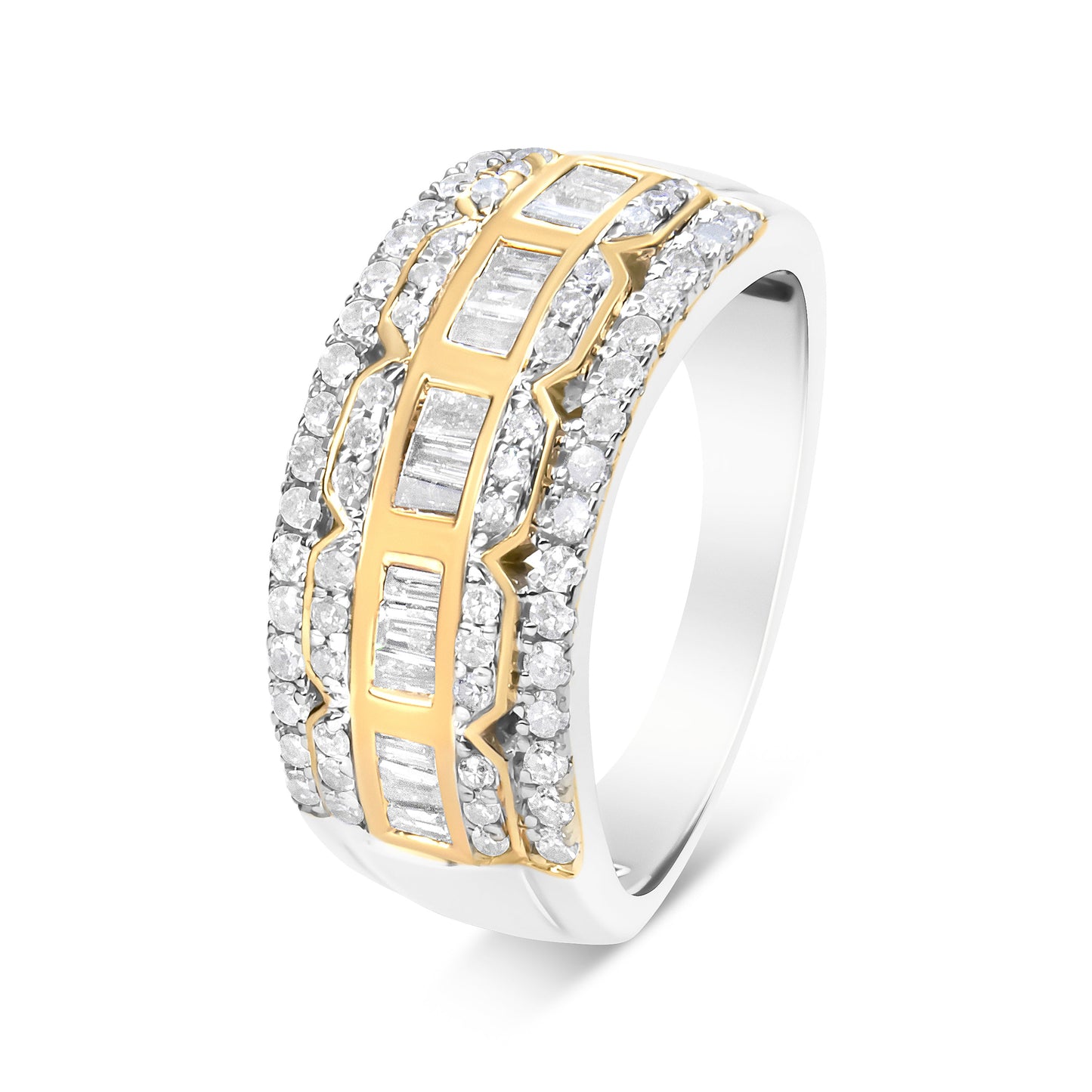 10K White And Yellow Gold 1.00 Cttw Baguette And Round Cut Diamond Art Deco Multi-Row Ring Band (I-J Color, I1-I2 Clarity) - Ring Size 9