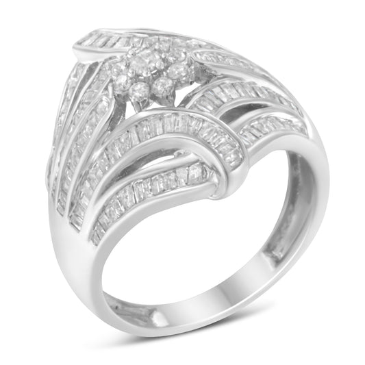 .925 Sterling Silver 1-1/8 Cttw Round & Baguette Diamond 'Flower & Fern' Cluster Cocktail Fashion Ring (I-J Color, I2-I3 Clarity) - Size 6-1/4
