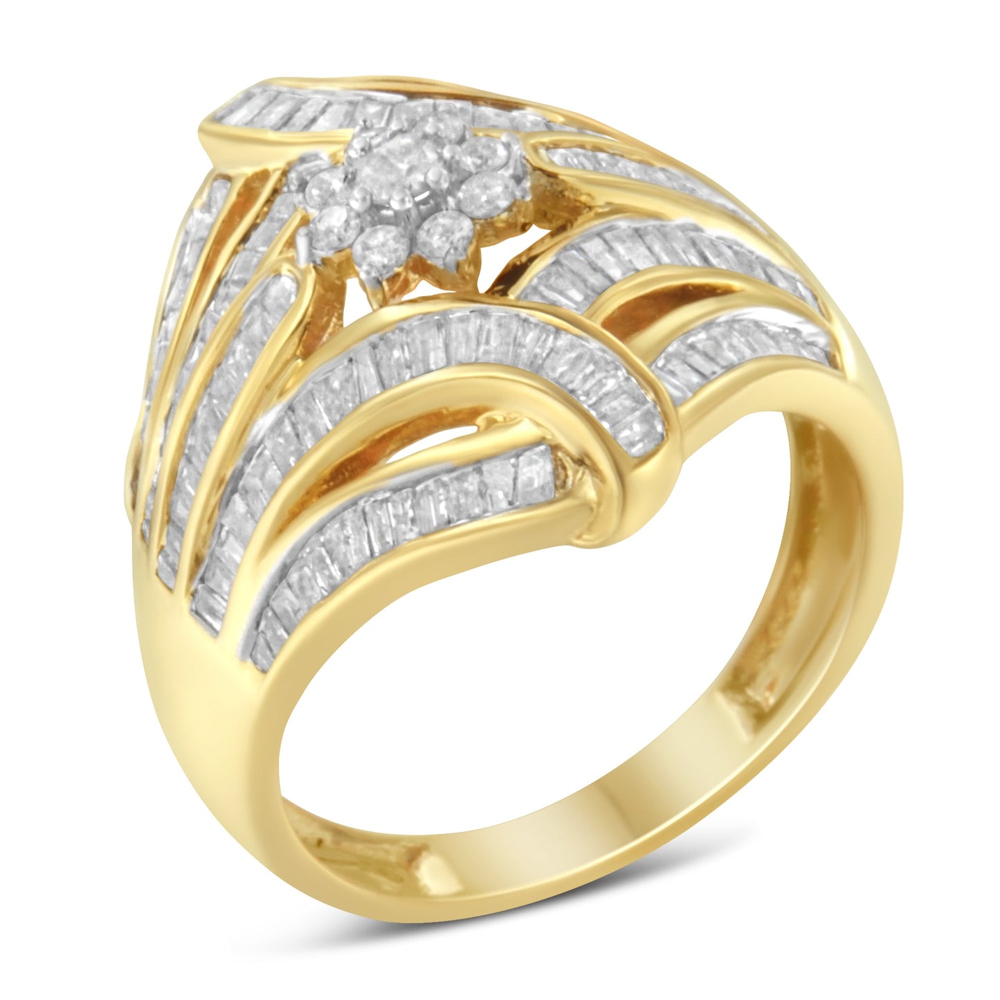 10K Yellow Gold Flashed .925 Sterling Silver 1-1/8 Cttw Round & Baguette Diamond 'Flower & Fern' Cluster Cocktail Fashion Ring (I-J Color, I2-I3 Clarity) - Size 7
