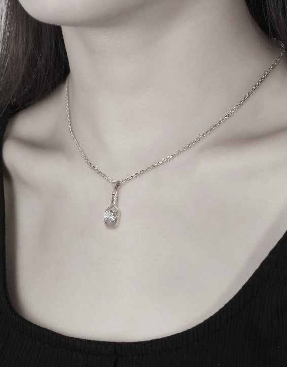 Pickleball FINE Diamond Solitaire Silver Paddle Necklace