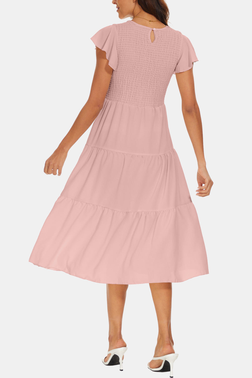 Round Neck Smocked Flutter Sleeve Tiered Dress