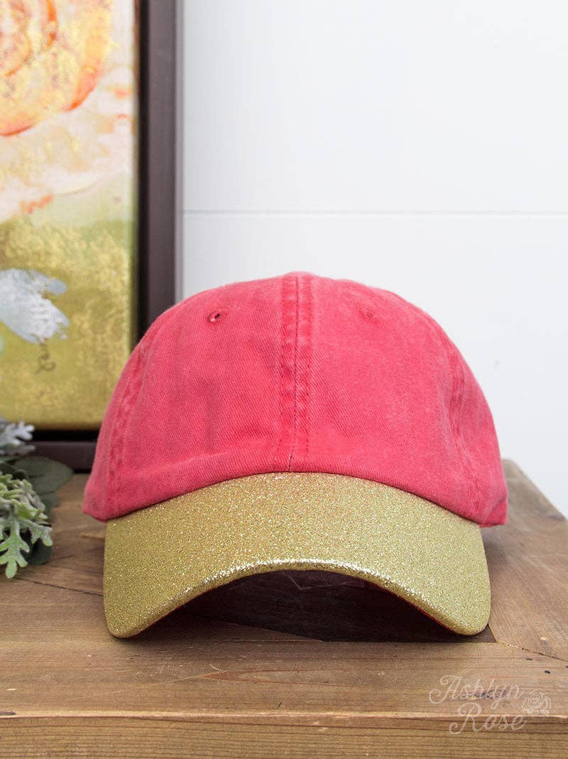 Red Hat with Gold Glitter Bill: Red / One Size