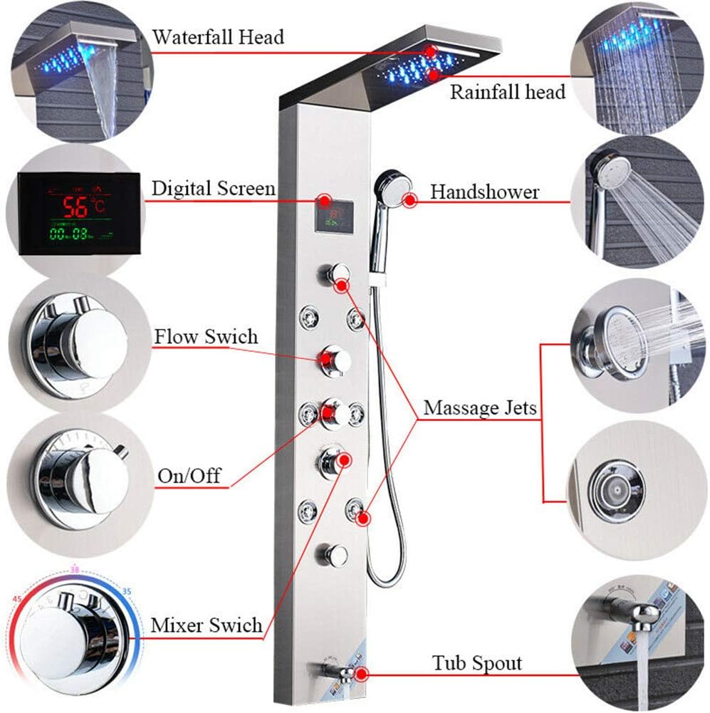 Contemporary Shower Panel Tower System Stainless Steel 6 Function Faucet LED Waterfall Shower Handheld Sprayer wtih Body Jets and Tub Spout