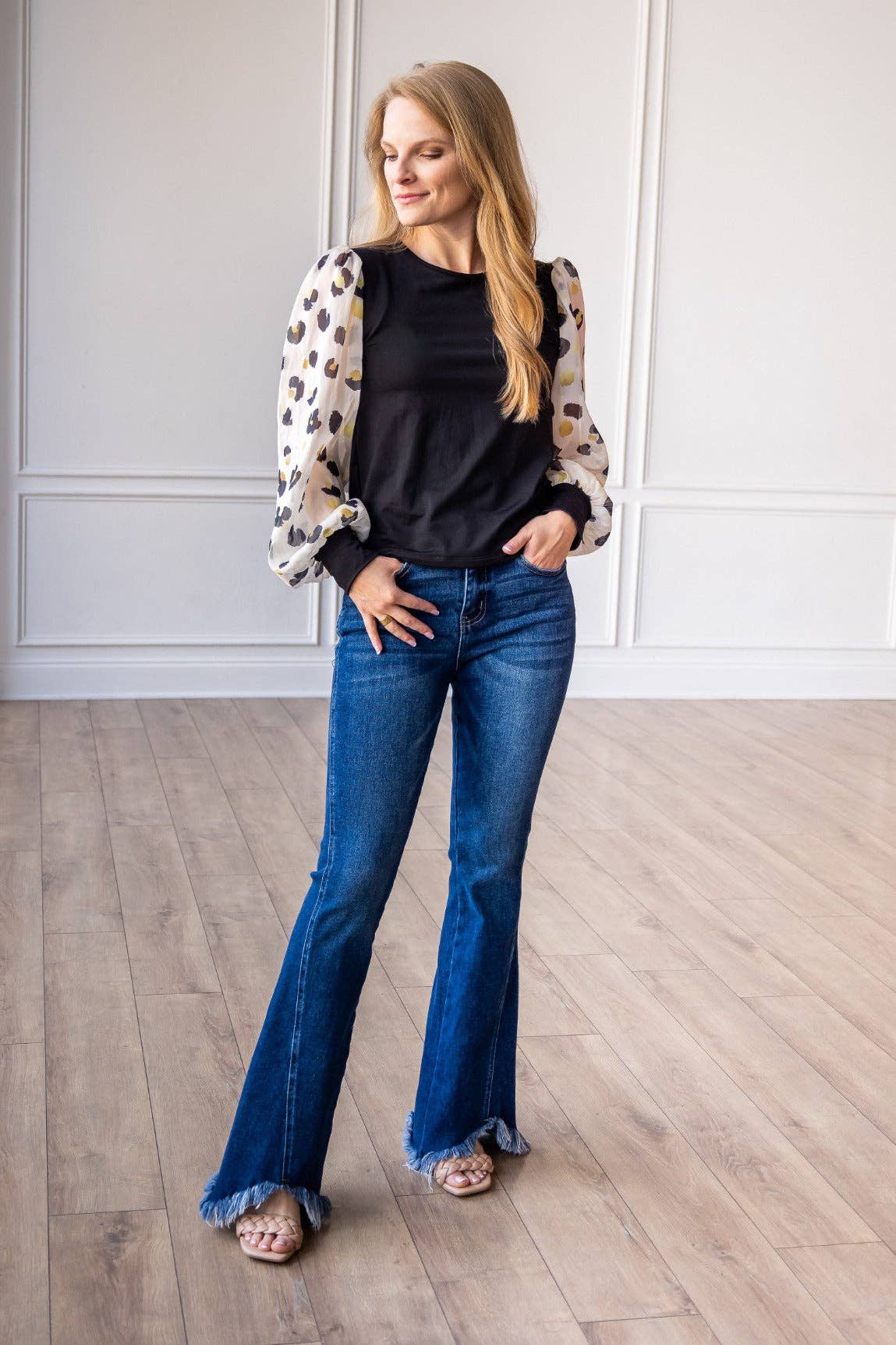 Leopard Dream Balloon Sleeve Top: Black