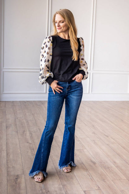 Leopard Dream Balloon Sleeve Top: Black