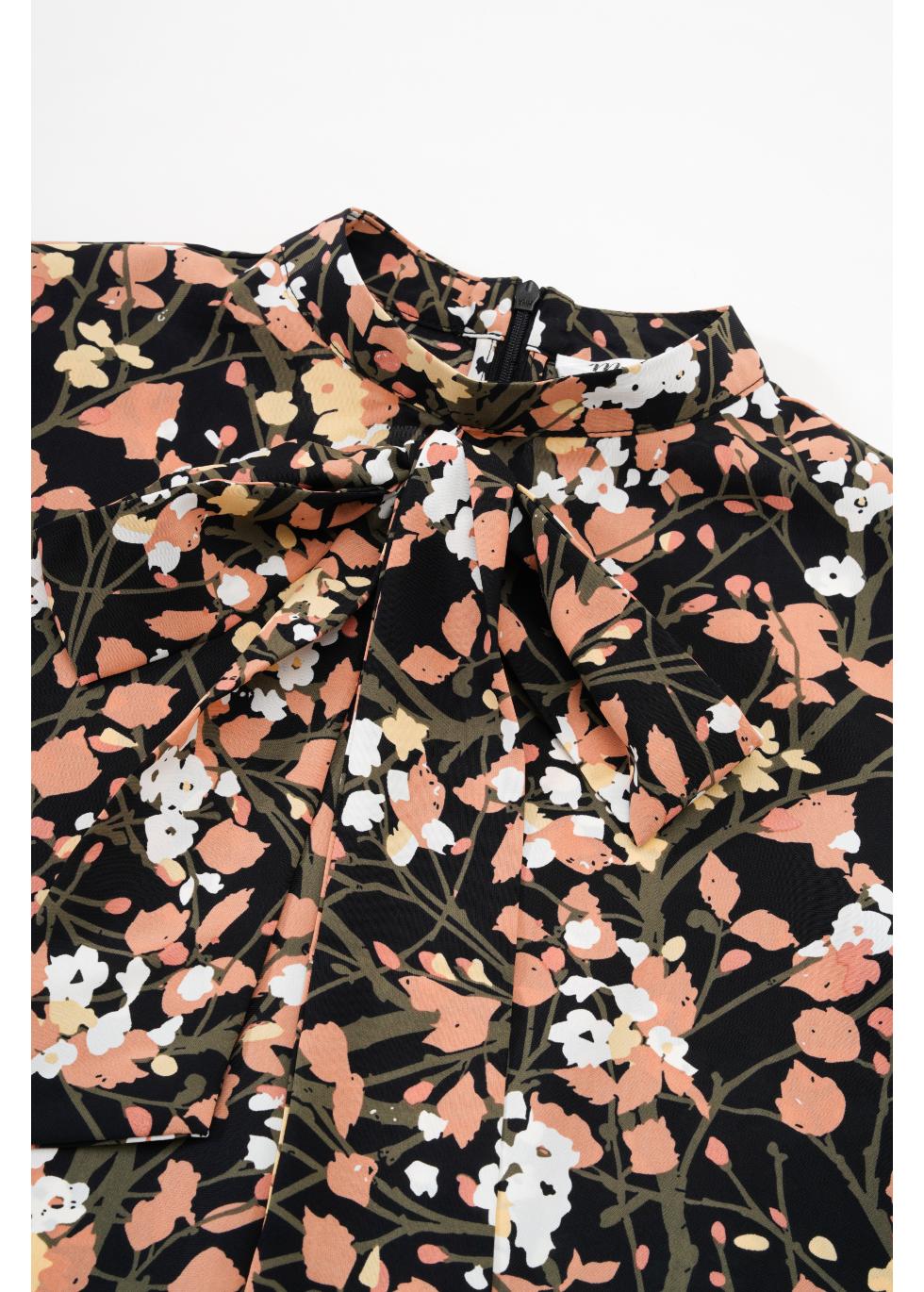 Cuffed Spring Foliage Blouse With Front Tie