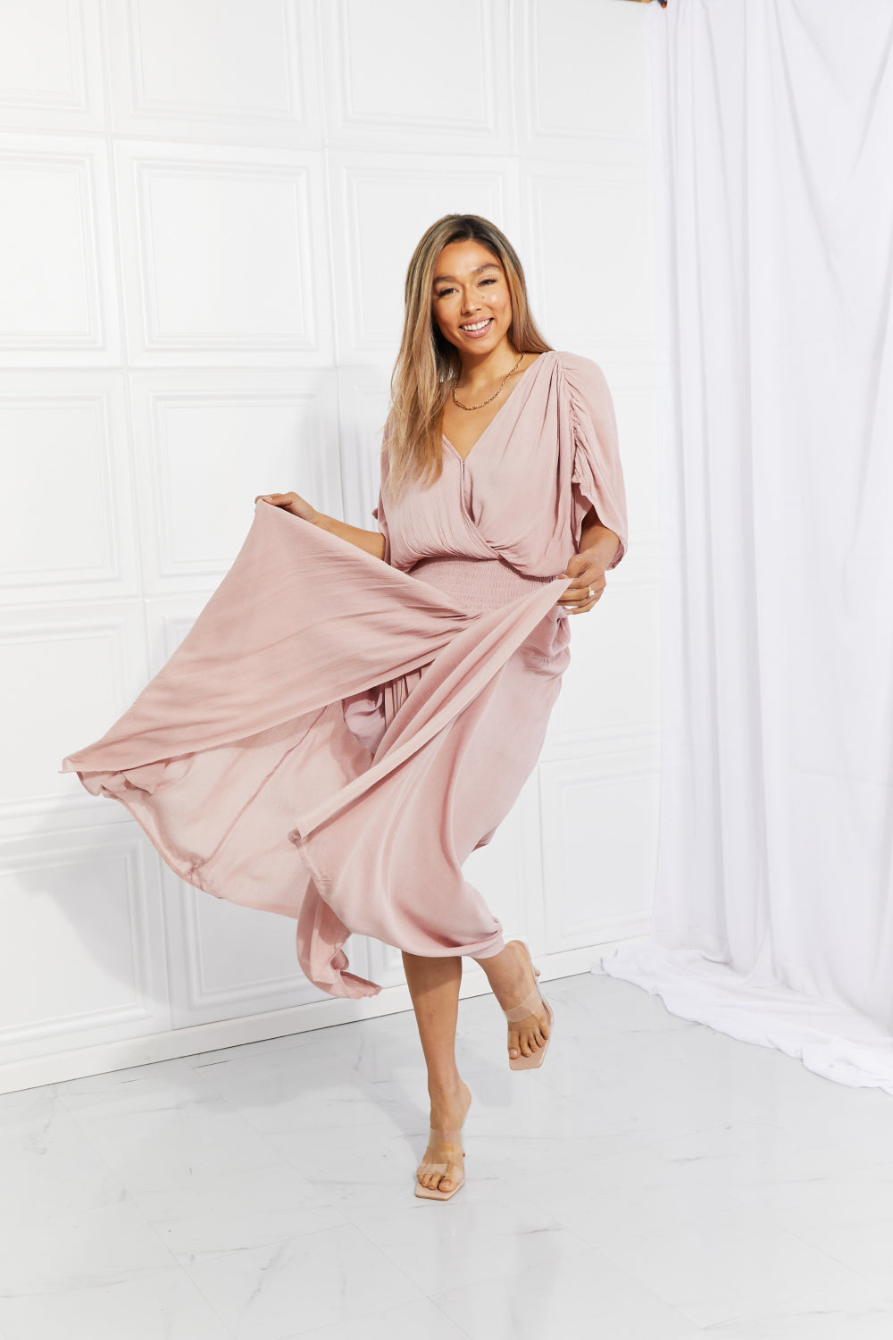HEYSON Full Size Napa Valley Gauze Surplice Midi Dress in Dusty Pink