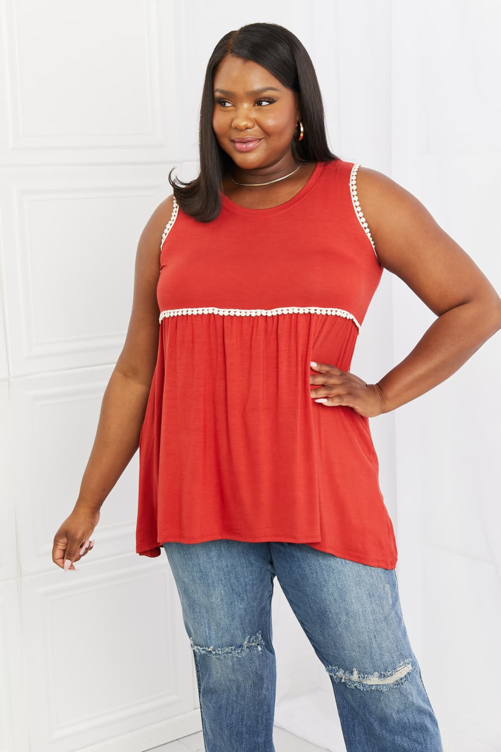 Celeste Next to You Full Size Lace Detail Sleeveless Top in Rust