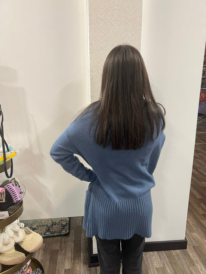 Women's Blue Long Sleeve Open Front with Pocket Sweater Cardigan