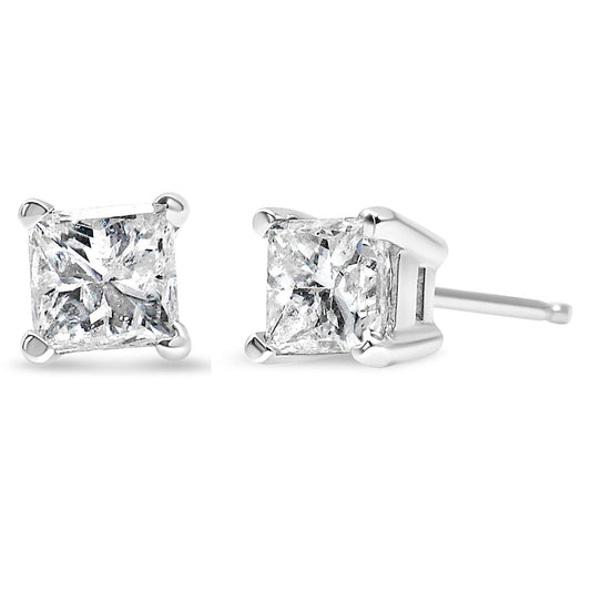 Ags Certified 14K White Gold 1.0 Cttw 4-Prong Set Princess-Cut Solitaire Diamond Push Back Stud Earrings (I-J Color, Si2-I1 Clarity)