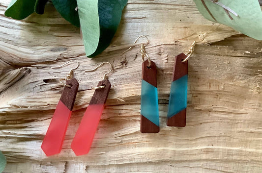 Earrings, dangle earrings, bar resin wood earrings: Blue
