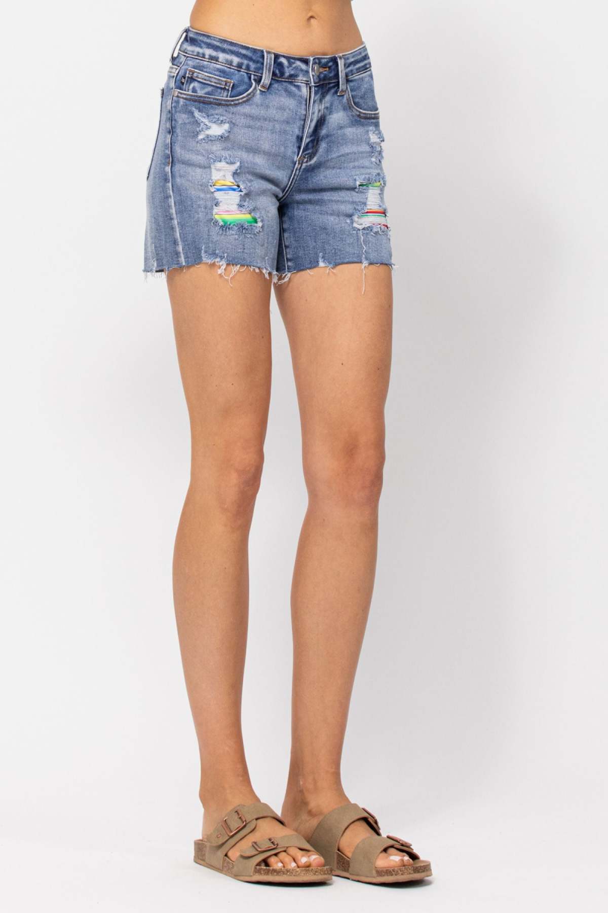 Judy Blue Mid-Rise Serape Patch Cut-Off Denim Shorts