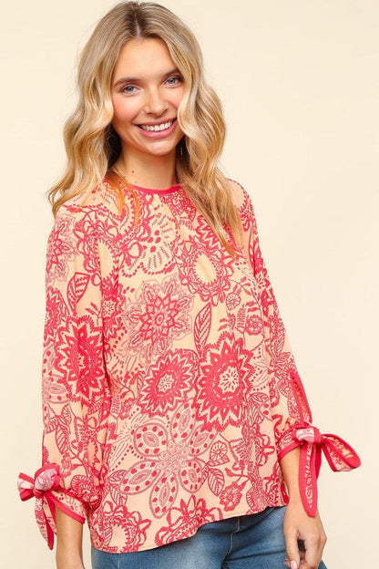 Ribbon Bow Detail Floral Round Neck Blouse