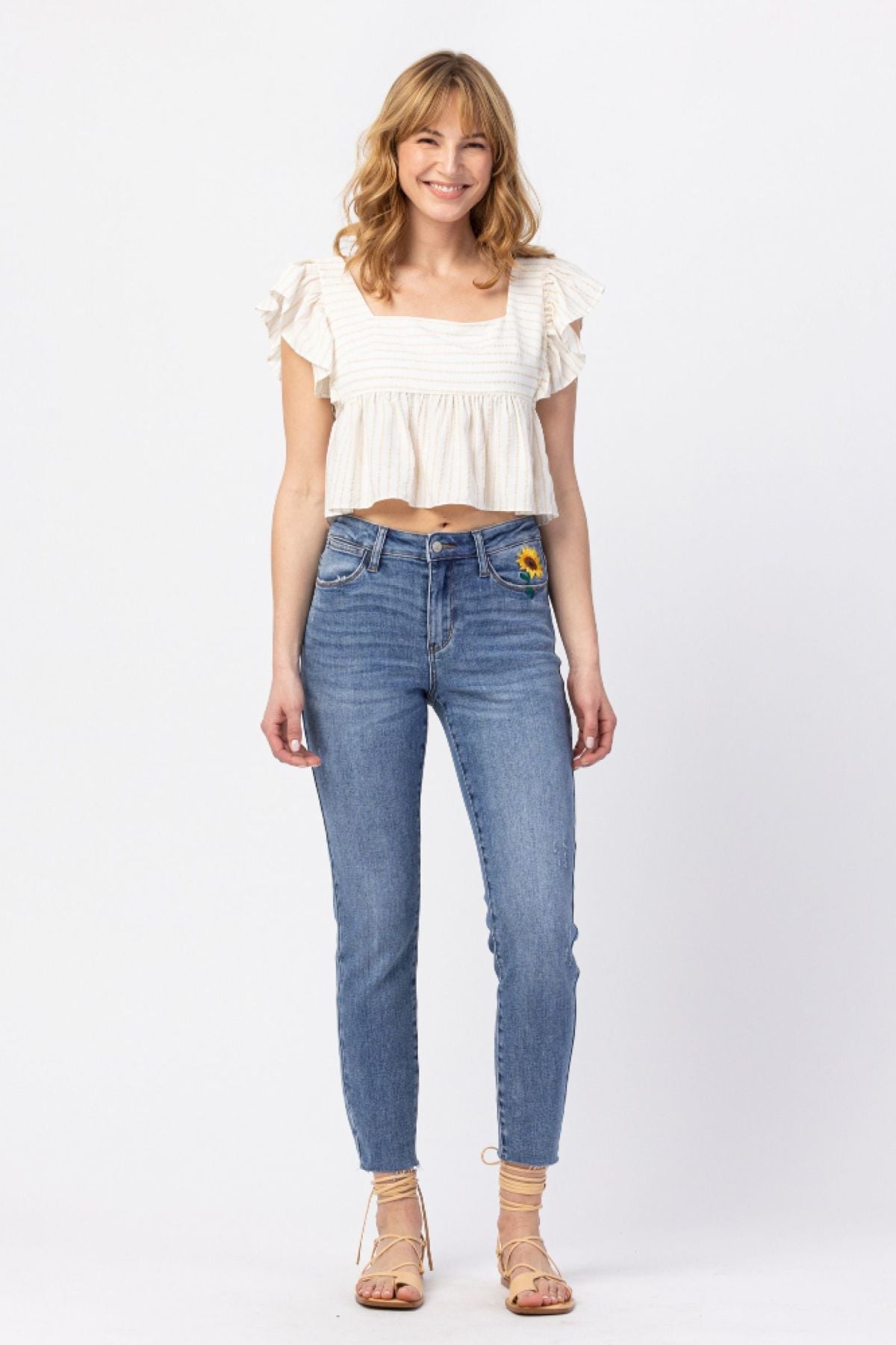 Judy Blue High Rise Relaxed Sunflower Embroidery Jeans