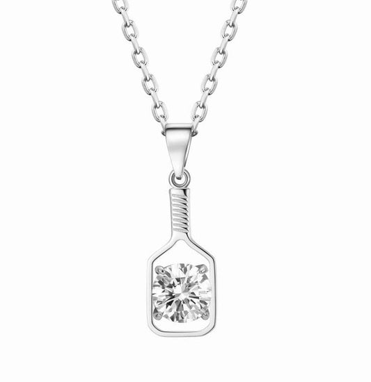 Pickleball Solitaire Paddle and Stone Silver  Necklace
