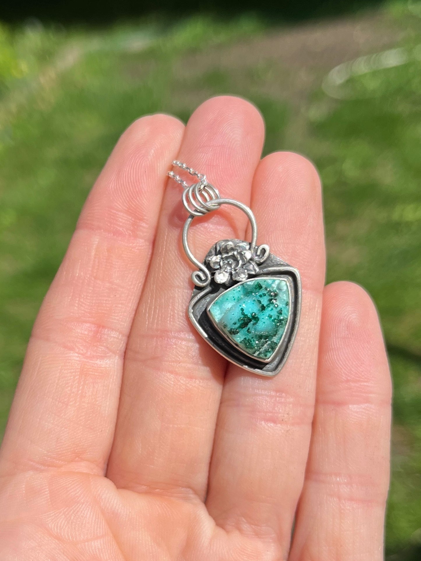 Chrysocolla with Malachite Crystals and Flower Necklace