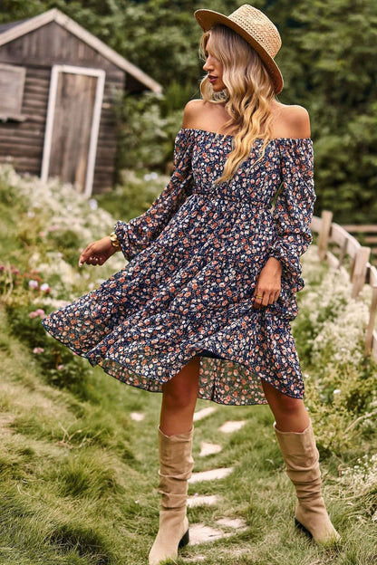 Printed Off-Shoulder Frill Trim Tiered Dress