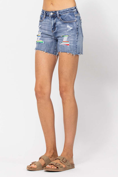 Judy Blue Mid-Rise Serape Patch Cut-Off Denim Shorts