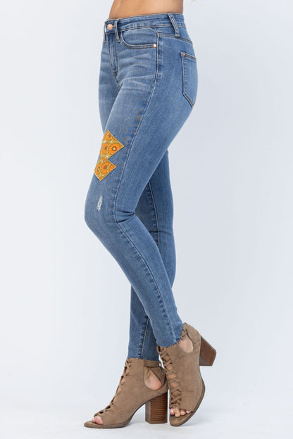 Judy Blue Full Size Mid-Rise Orange Floral Patch Skinny Jeans