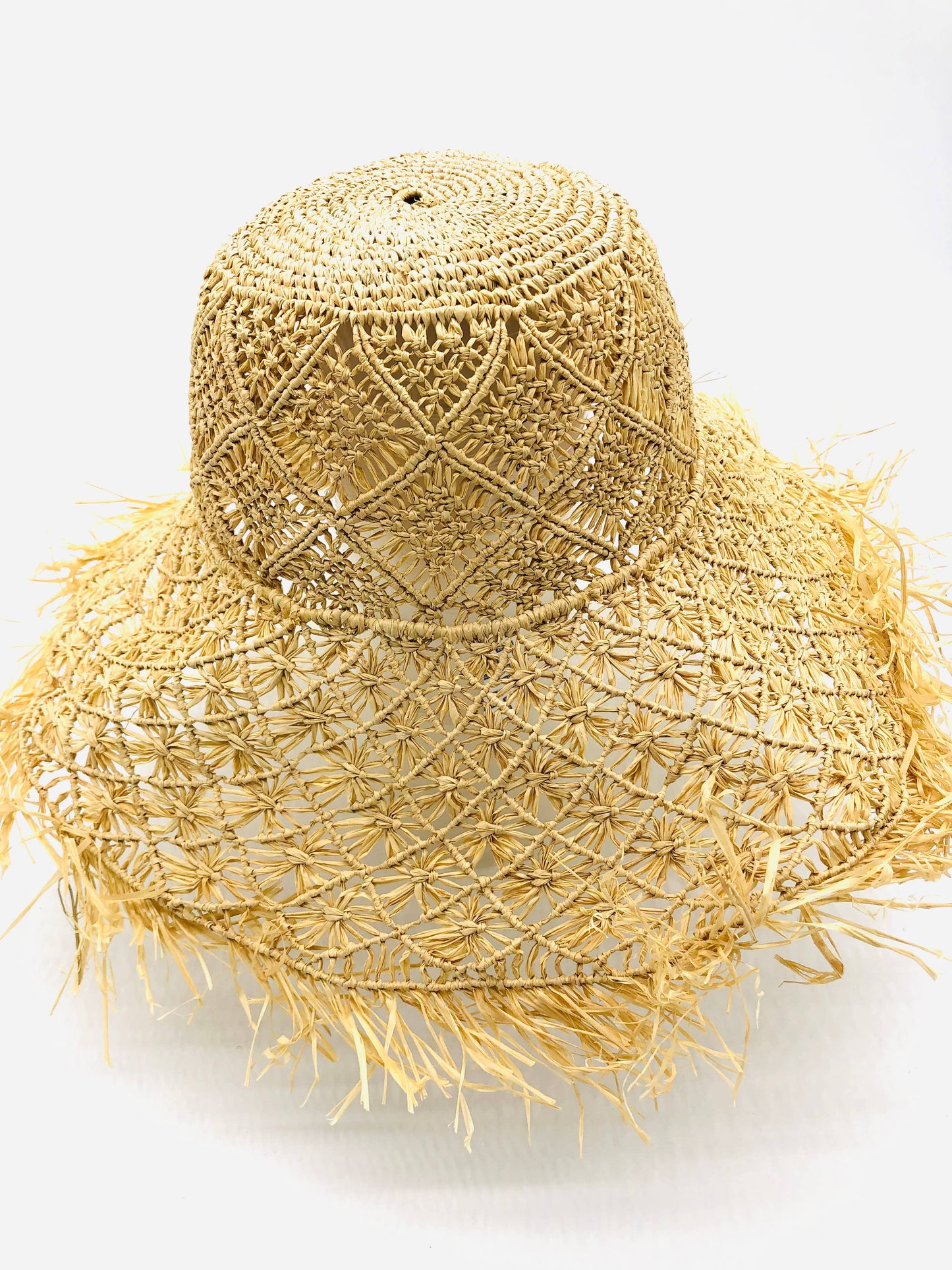 Karin Crochet & Macrame Straw Sun Hat with Raw Fringe Edge