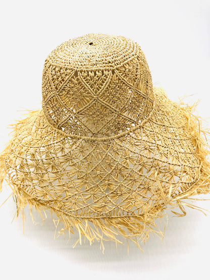 Karin Crochet & Macrame Straw Sun Hat with Raw Fringe Edge