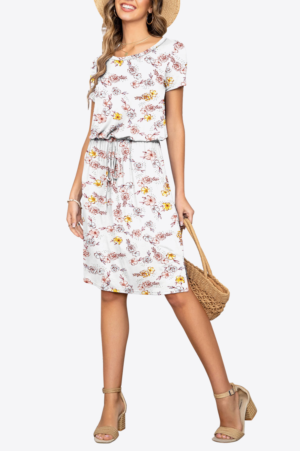 Round Neck Short Sleeve Slit Dress With Pockets