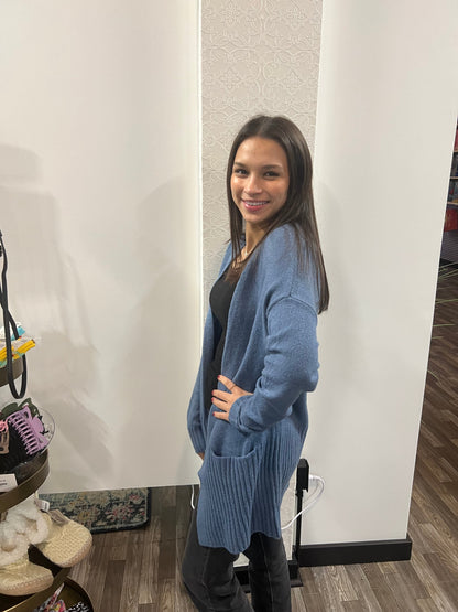 Women's Blue Long Sleeve Open Front with Pocket Sweater Cardigan
