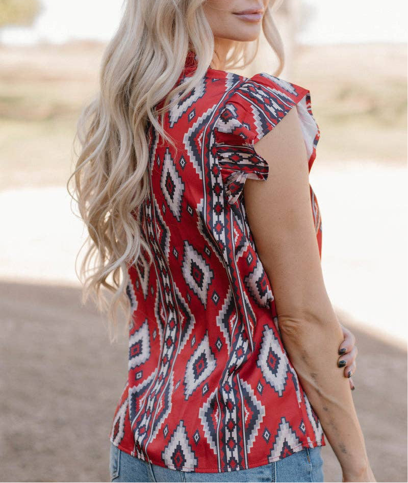 RED AZTEC PRINT FLUTTER SLEEVE BABYDOLL TOP