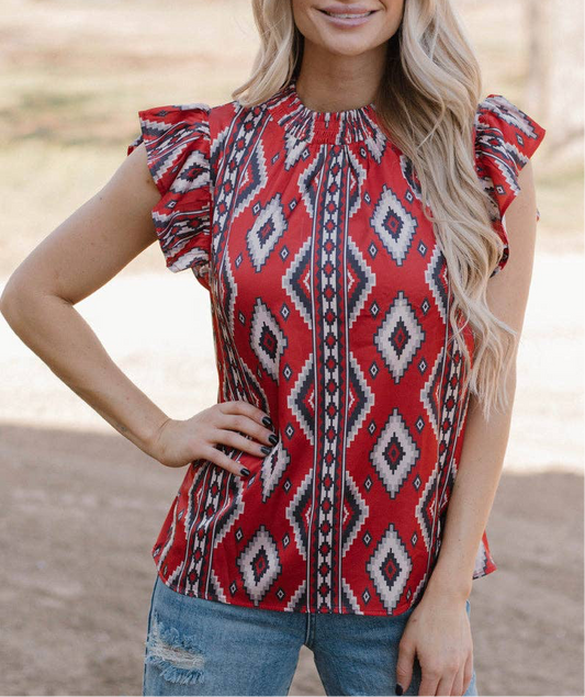 RED AZTEC PRINT FLUTTER SLEEVE BABYDOLL TOP