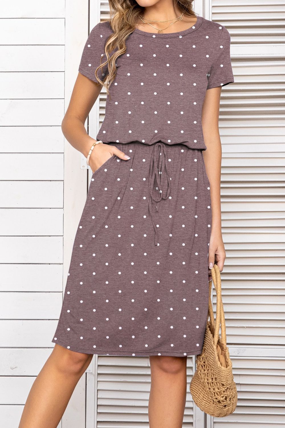Round Neck Short Sleeve Slit Dress With Pockets