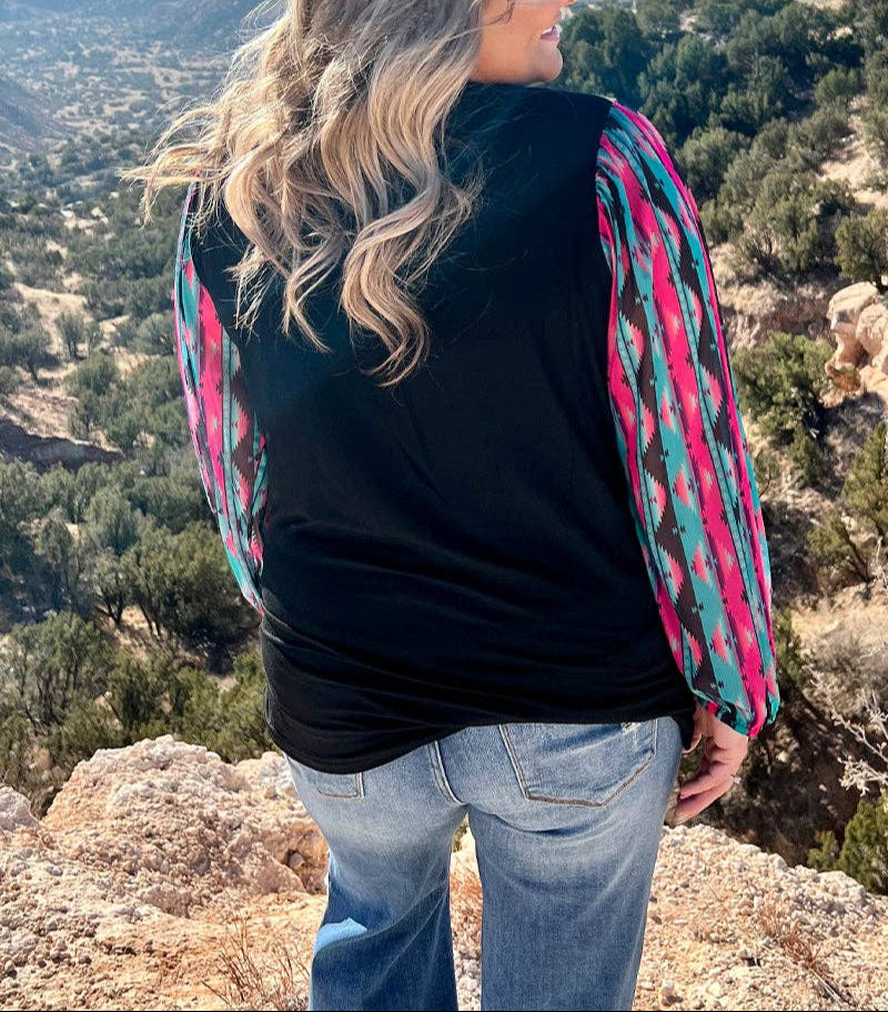 Somewhere in the Middle Aztech Print Sheer Sleeves Top