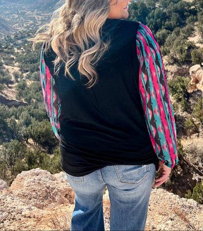 Somewhere in the Middle Aztech Print Sheer Sleeves Top