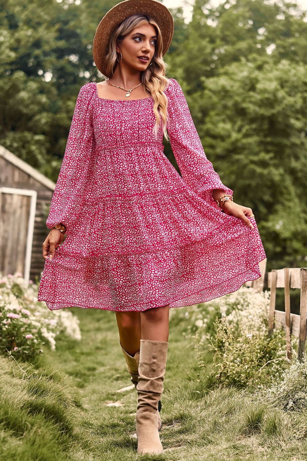 Printed Off-Shoulder Frill Trim Tiered Dress